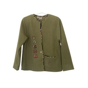 Papike Wool Cardigan Jacket Green Coffee Café Appliqué Beaded Artsy Boho S